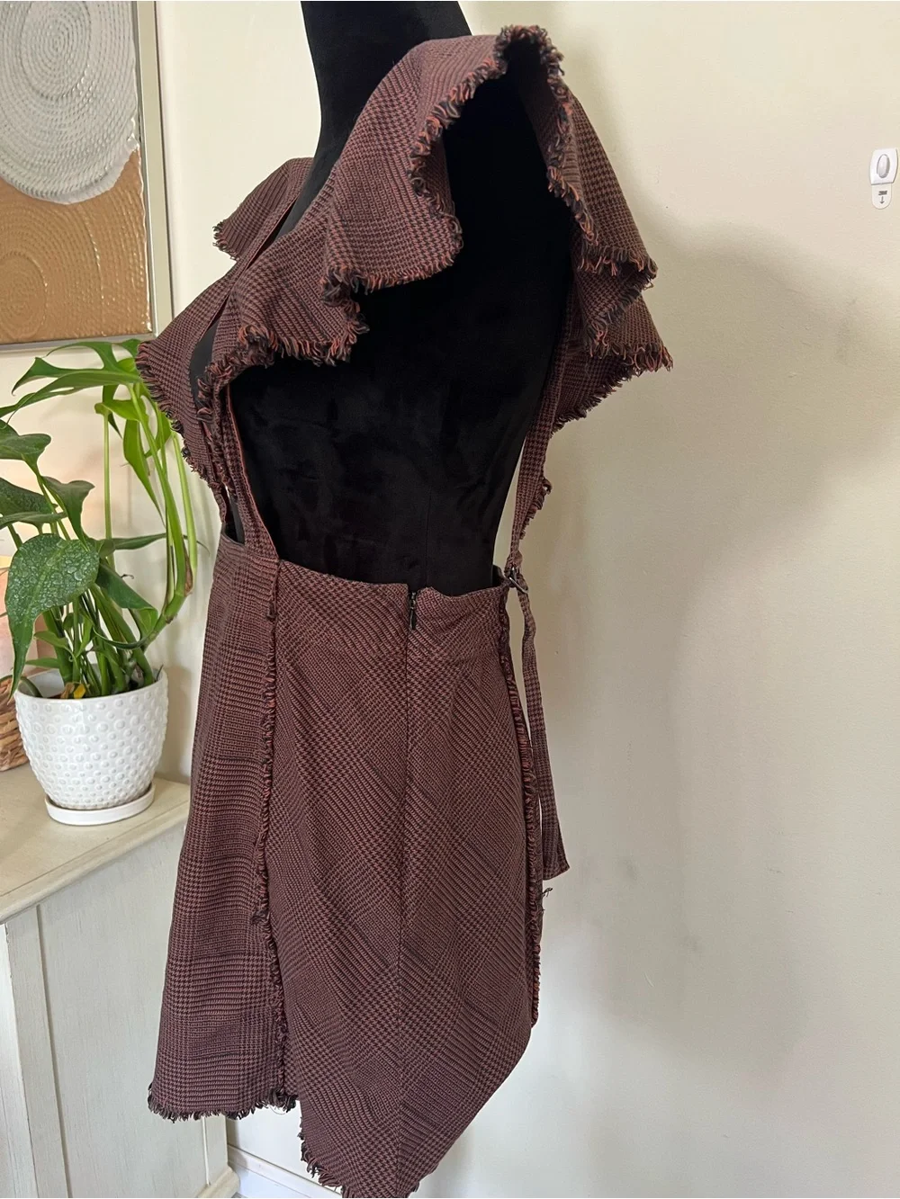 Free People Rowan Plaid Pinafore Skirt Ruffle Strap Houndstooth Mini Size 10